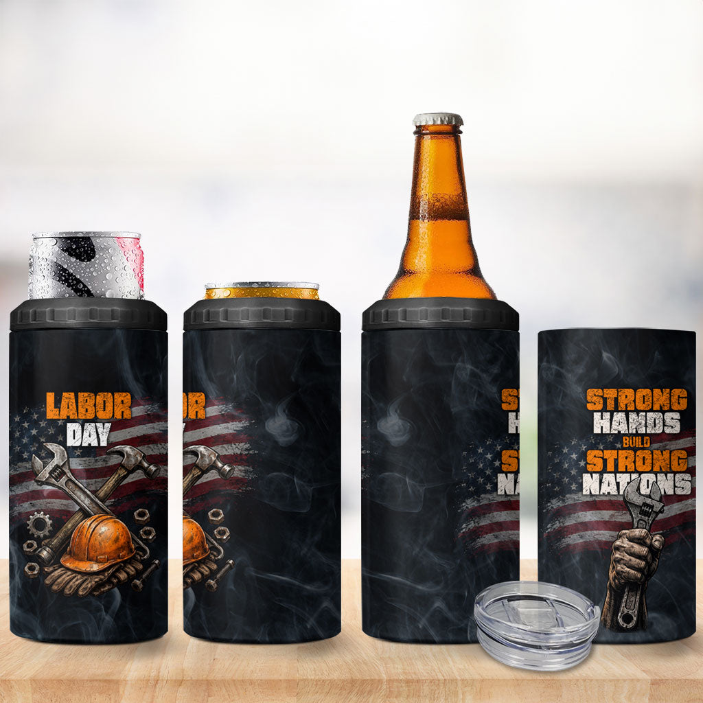 Labor Day 4 in 1 Can Cooler Tumbler Strong Hands Build Nations Patriotic Grunge Tools
