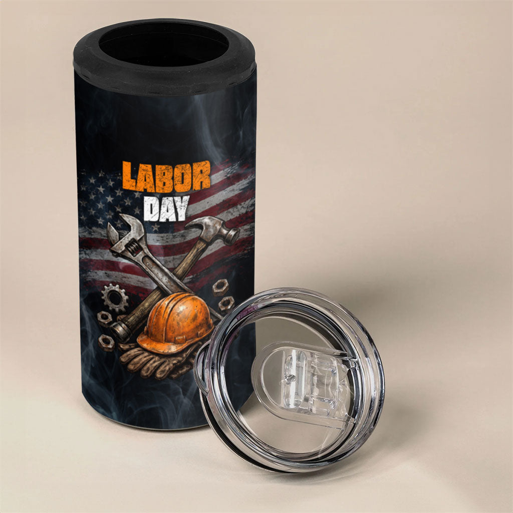 Labor Day 4 in 1 Can Cooler Tumbler Strong Hands Build Nations Patriotic Grunge Tools