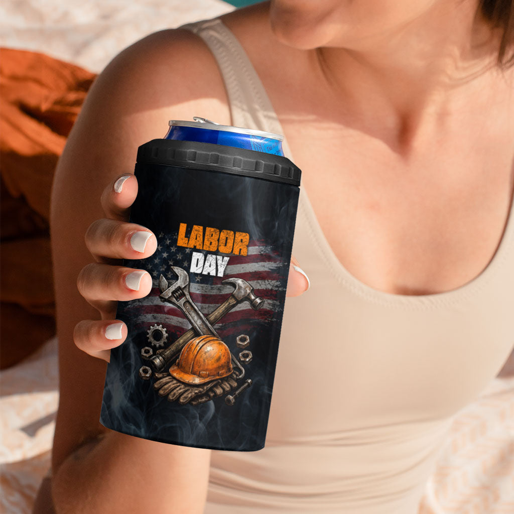 Labor Day 4 in 1 Can Cooler Tumbler Strong Hands Build Nations Patriotic Grunge Tools