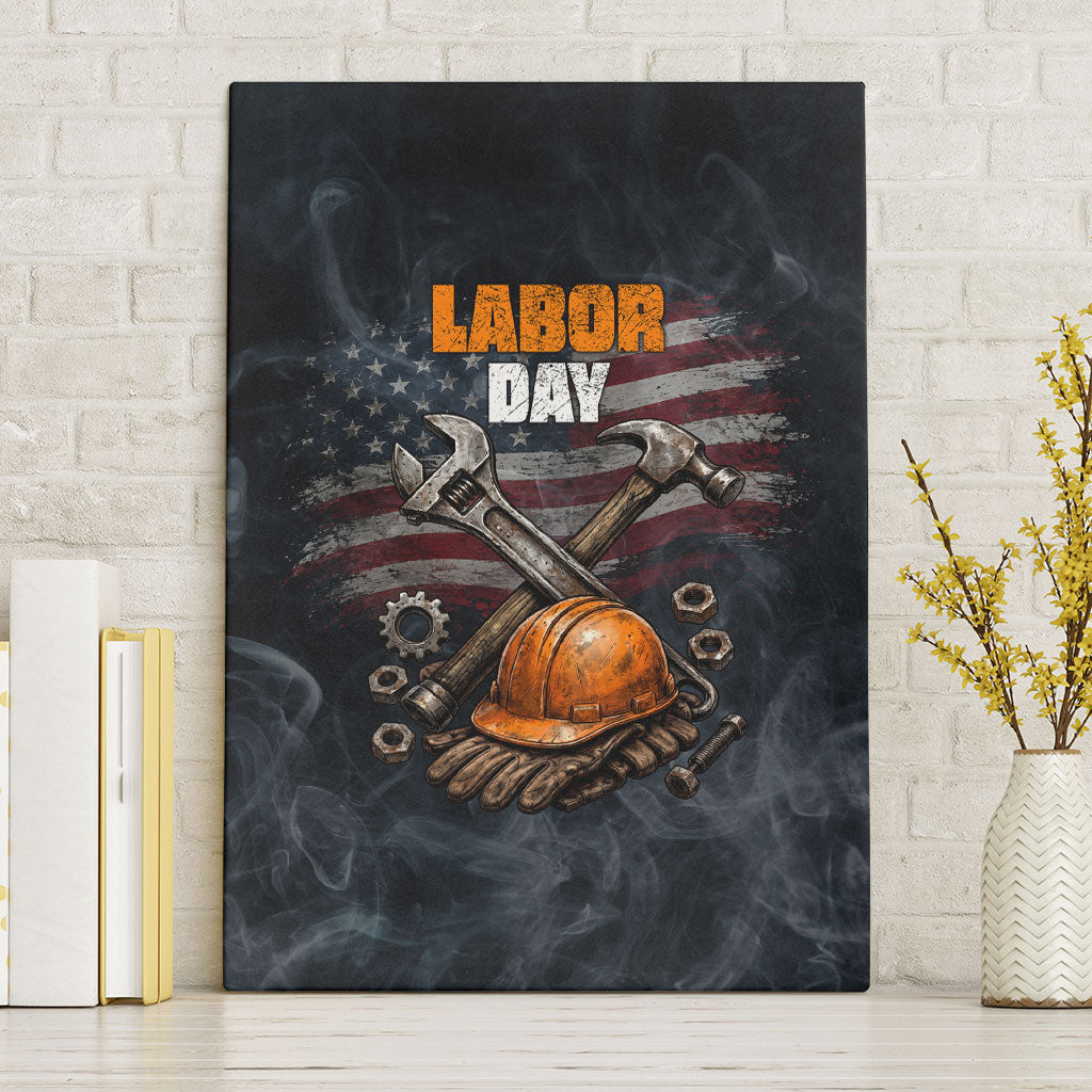Labor Day Canvas Wall Art Strong Hands Build Nations Patriotic Grunge Tools