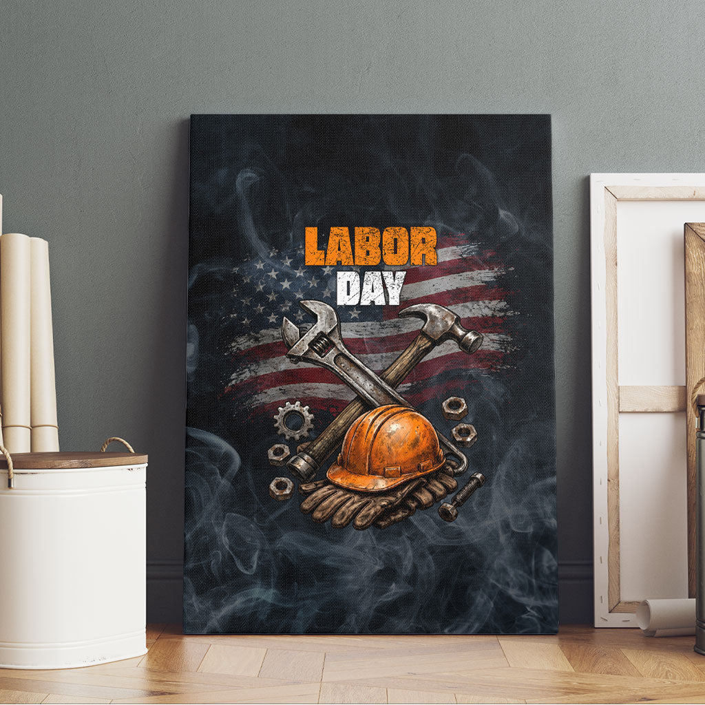 Labor Day Canvas Wall Art Strong Hands Build Nations Patriotic Grunge Tools