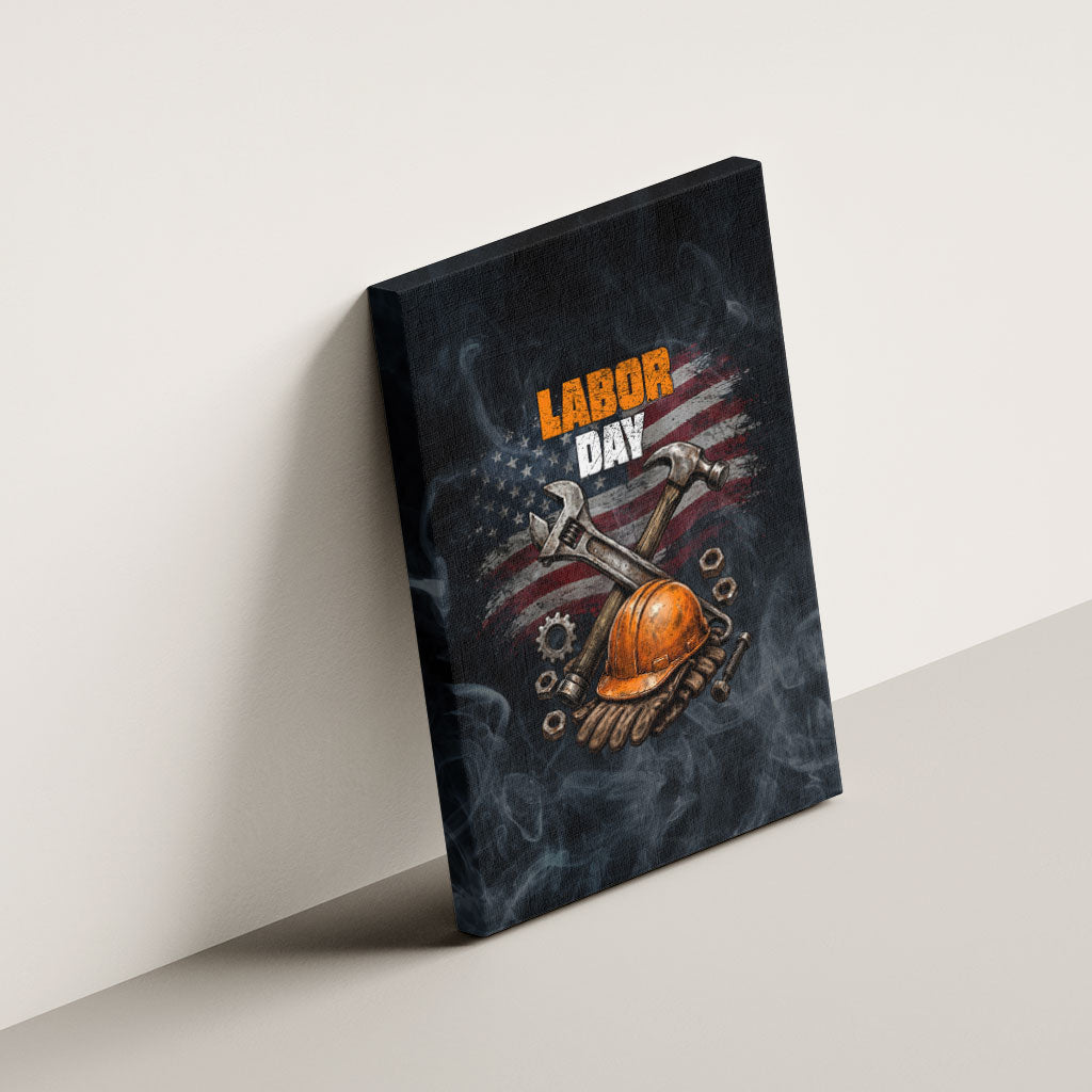 Labor Day Canvas Wall Art Strong Hands Build Nations Patriotic Grunge Tools