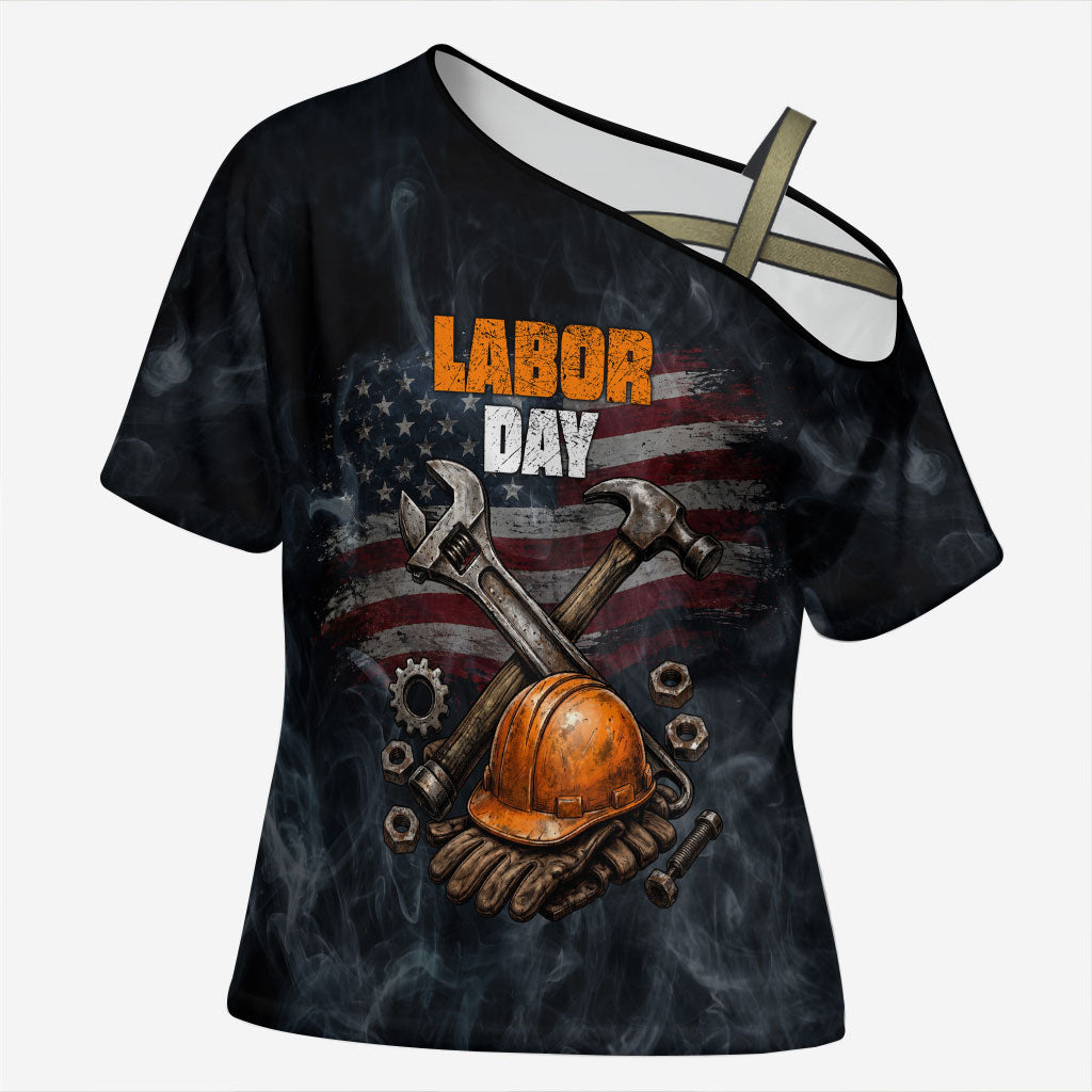 Labor Day Cross Shoulder Shirt Strong Hands Build Nations Patriotic Grunge Tools