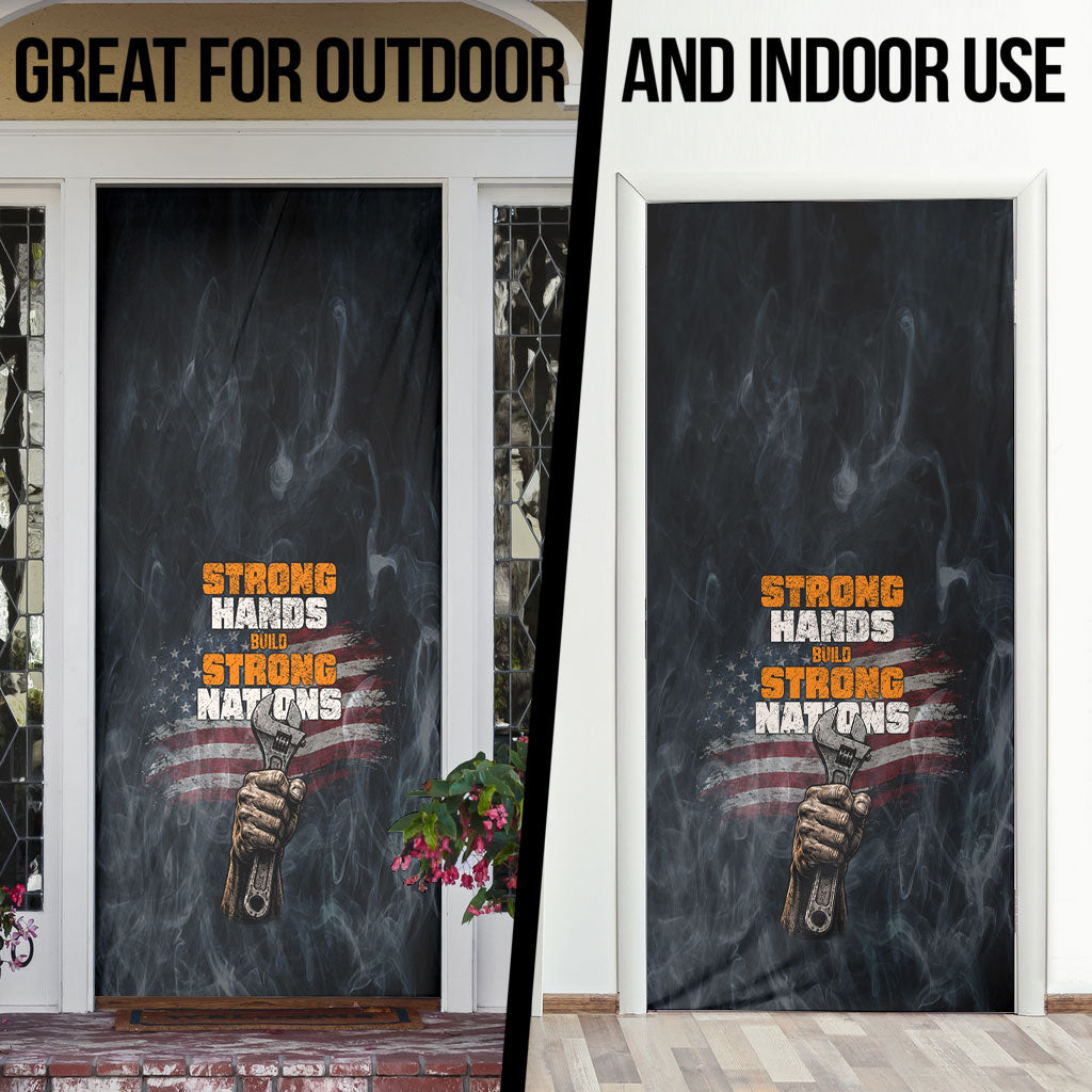 Labor Day Door Cover Strong Hands Build Nations Patriotic Grunge Tools