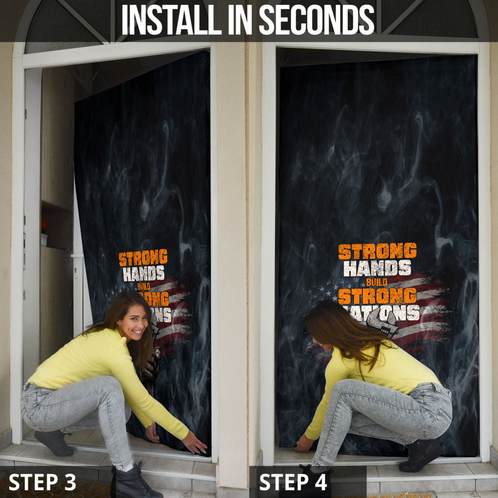 Labor Day Door Cover Strong Hands Build Nations Patriotic Grunge Tools