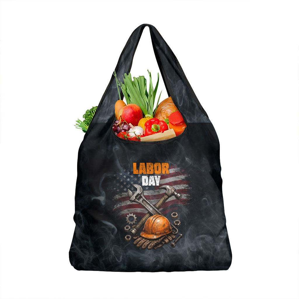 Labor Day Grocery Bag Strong Hands Build Nations Patriotic Grunge Tools