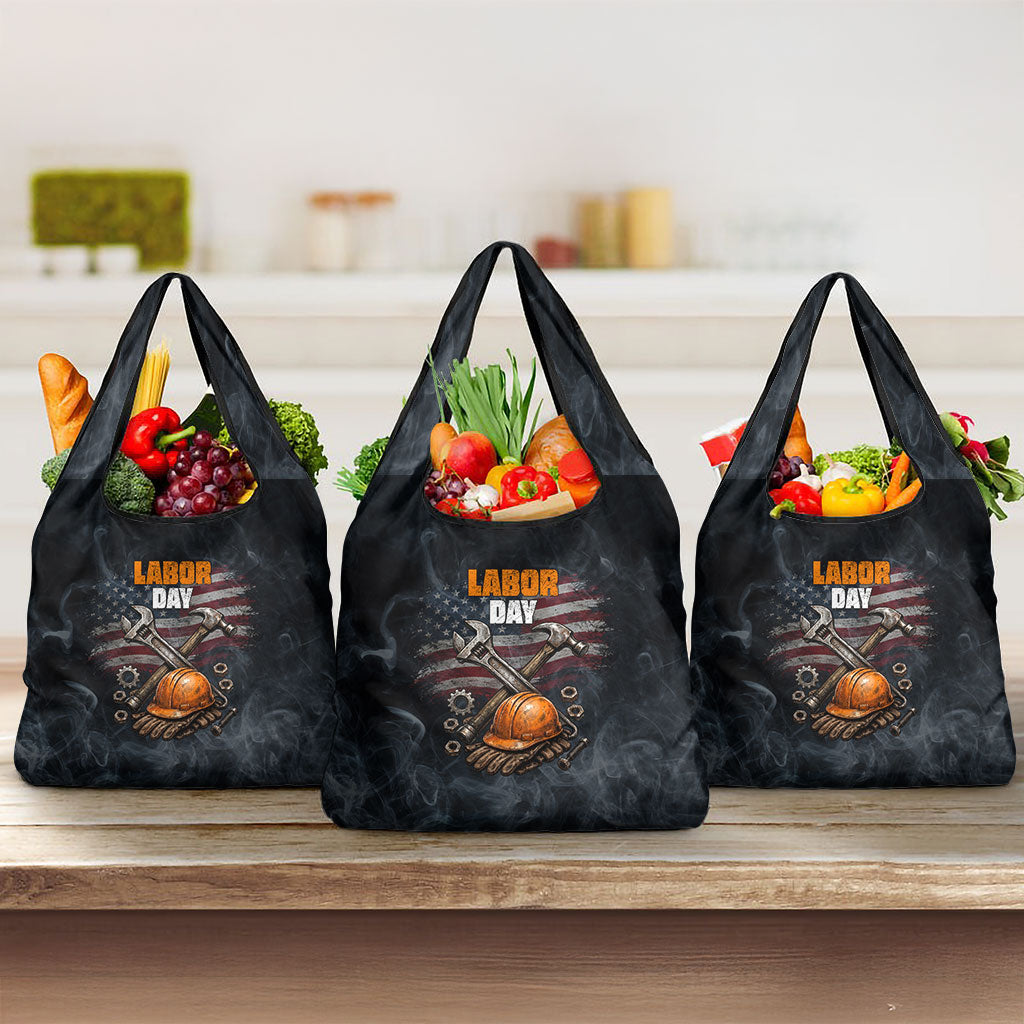 Labor Day Grocery Bag Strong Hands Build Nations Patriotic Grunge Tools