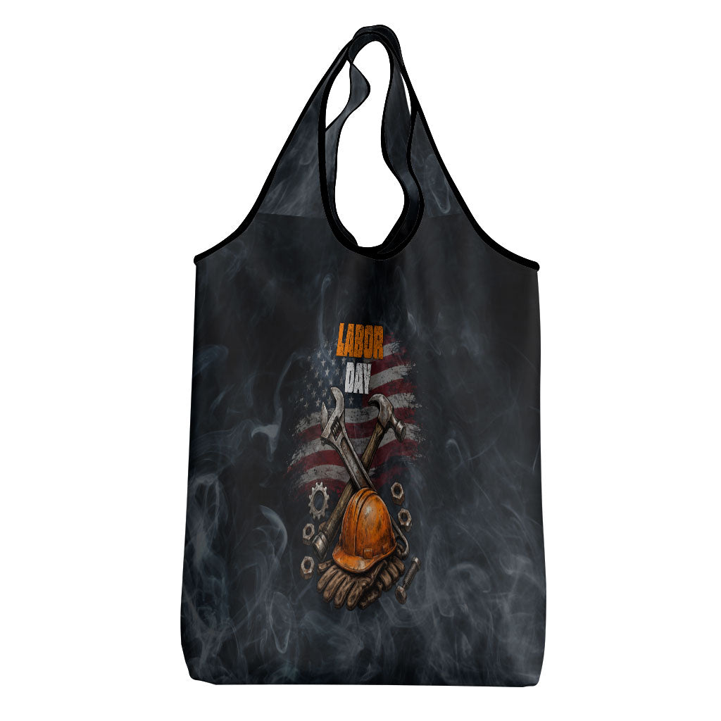 Labor Day Grocery Bag Strong Hands Build Nations Patriotic Grunge Tools