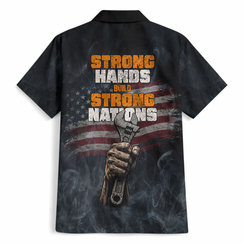Labor Day Hawaiian Shirt Strong Hands Build Nations Patriotic Grunge Tools