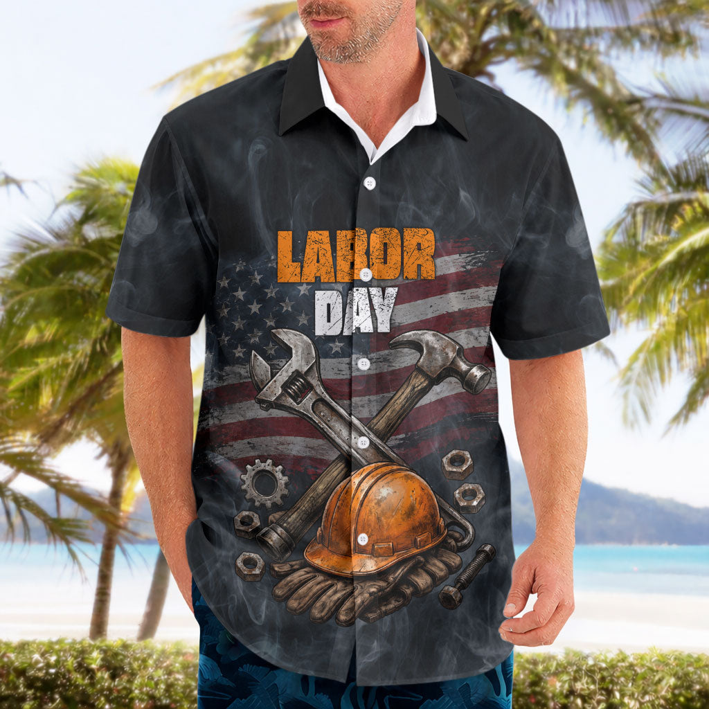 Labor Day Hawaiian Shirt Strong Hands Build Nations Patriotic Grunge Tools