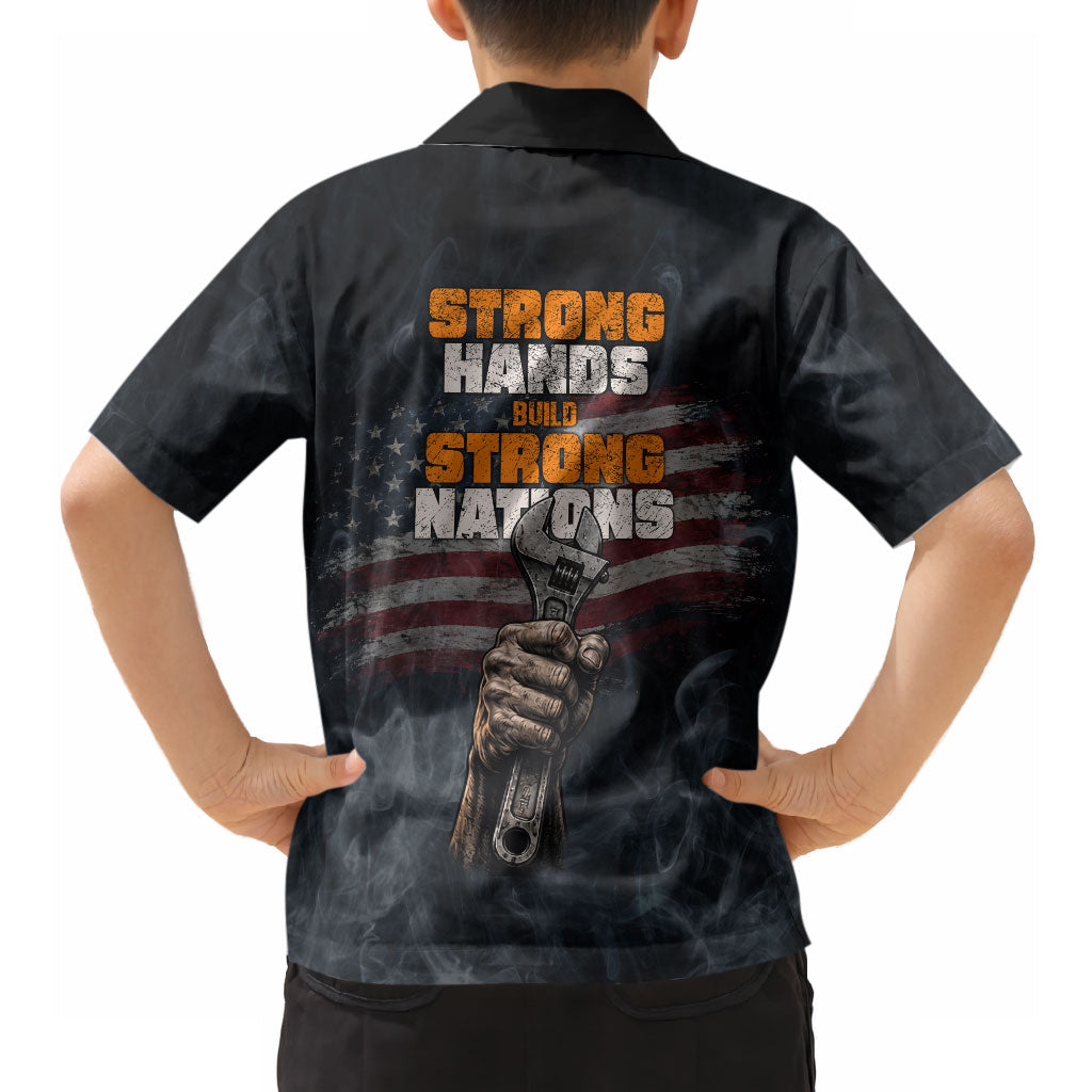 Labor Day Hawaiian Shirt Strong Hands Build Nations Patriotic Grunge Tools