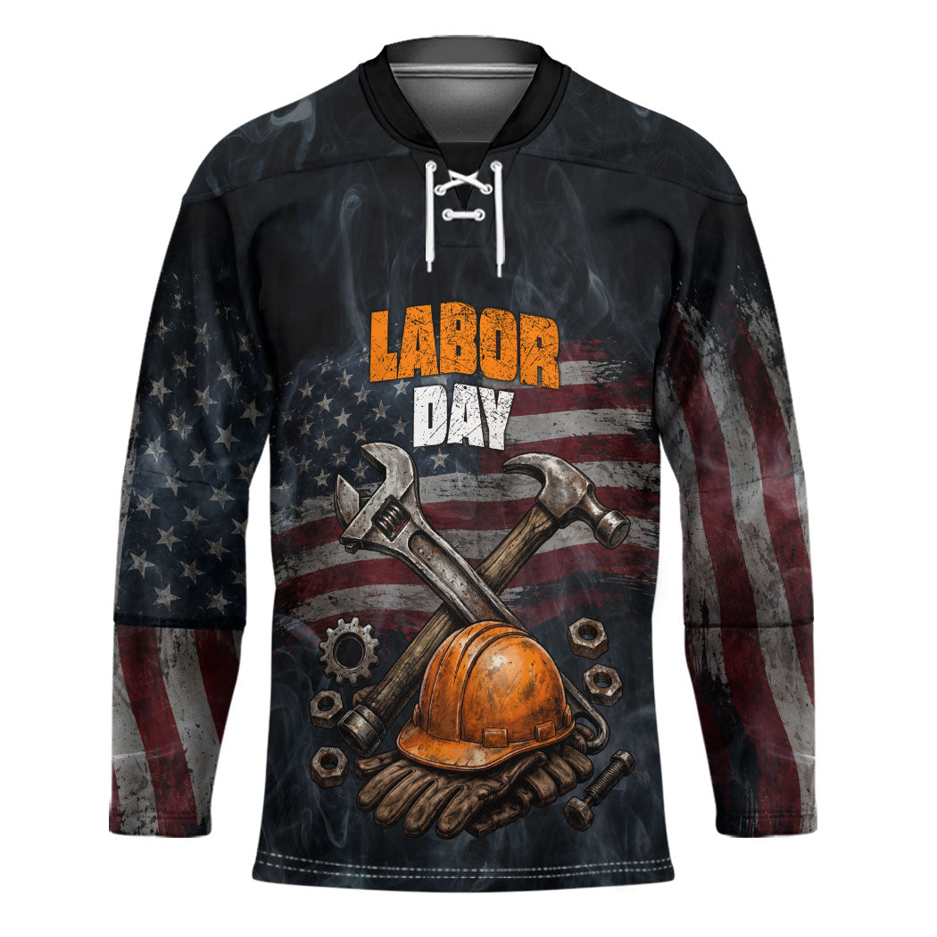 Labor Day Hockey Jersey Strong Hands Build Nations Patriotic Grunge Tools