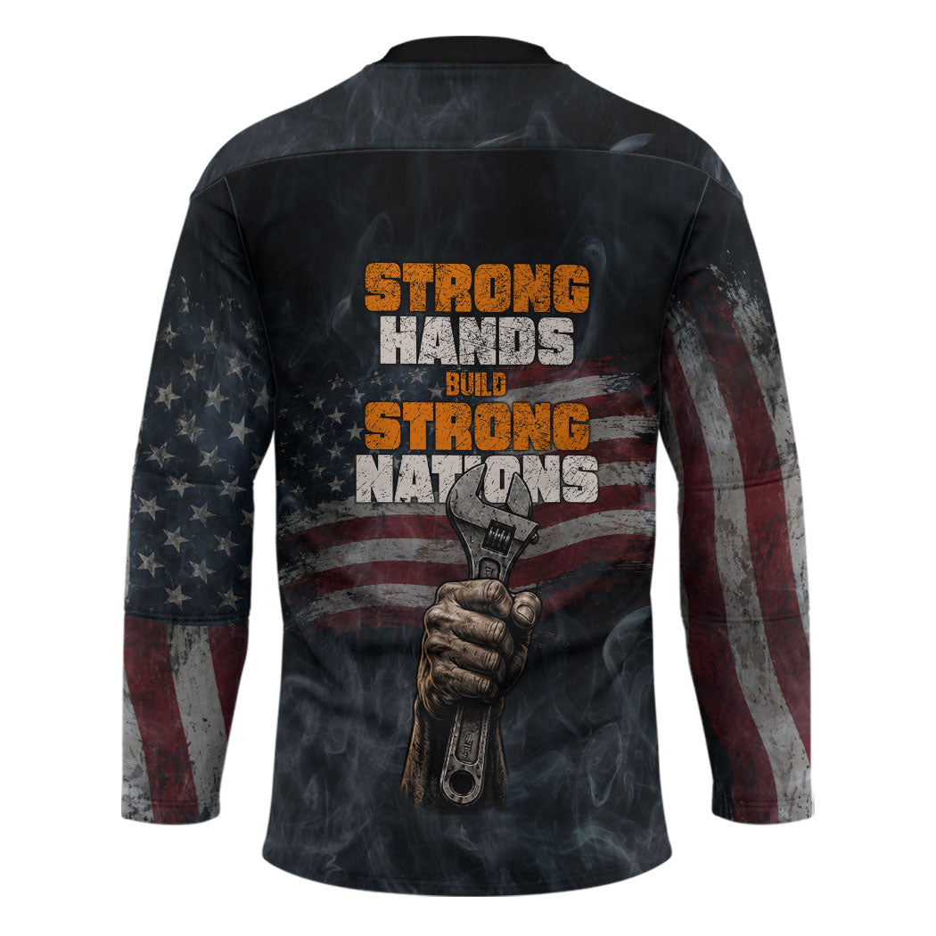 Labor Day Hockey Jersey Strong Hands Build Nations Patriotic Grunge Tools