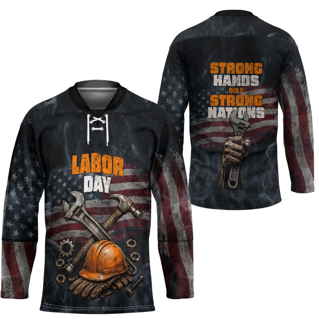 Labor Day Hockey Jersey Strong Hands Build Nations Patriotic Grunge Tools