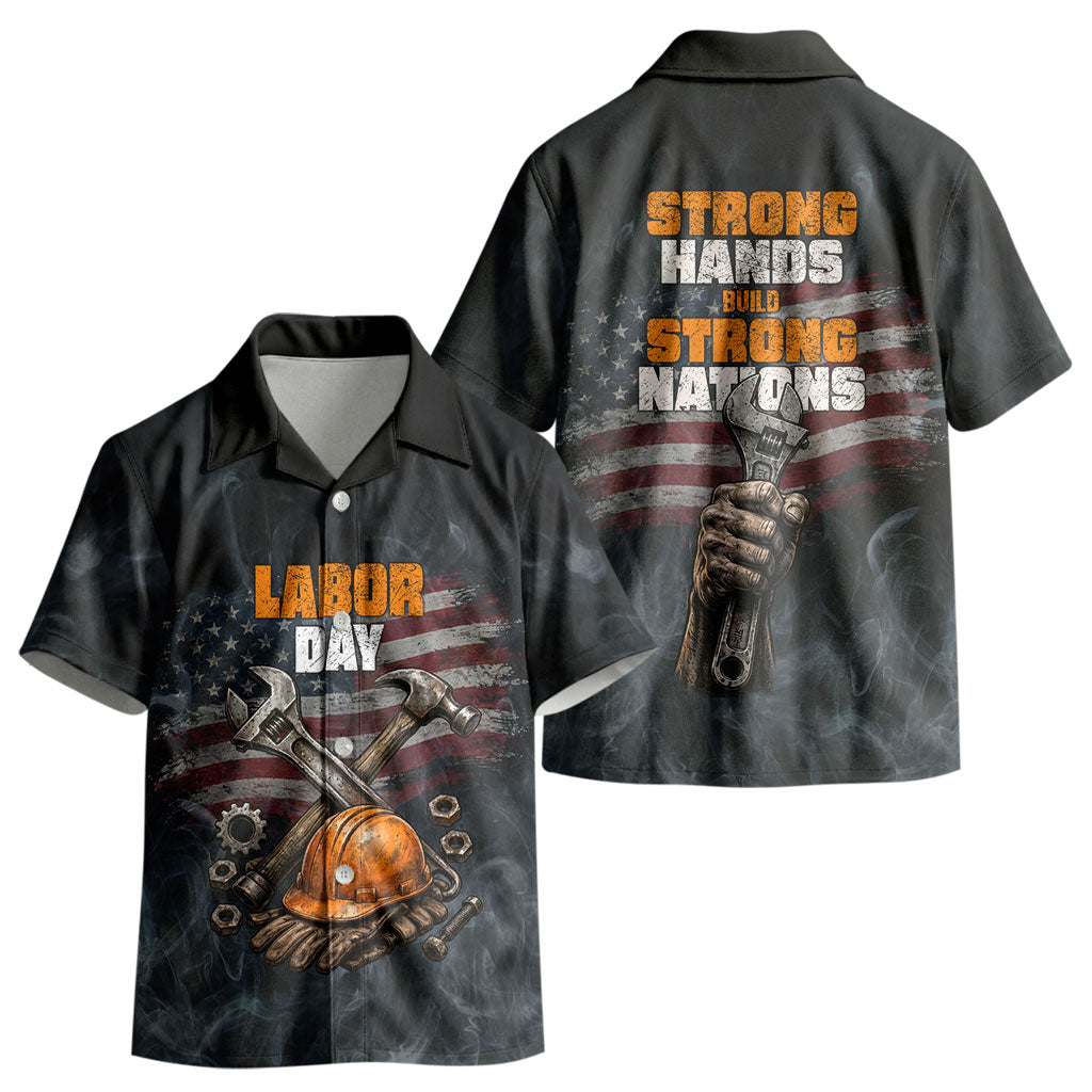 Labor Day Kid Hawaiian Shirt Strong Hands Build Nations Patriotic Grunge Tools