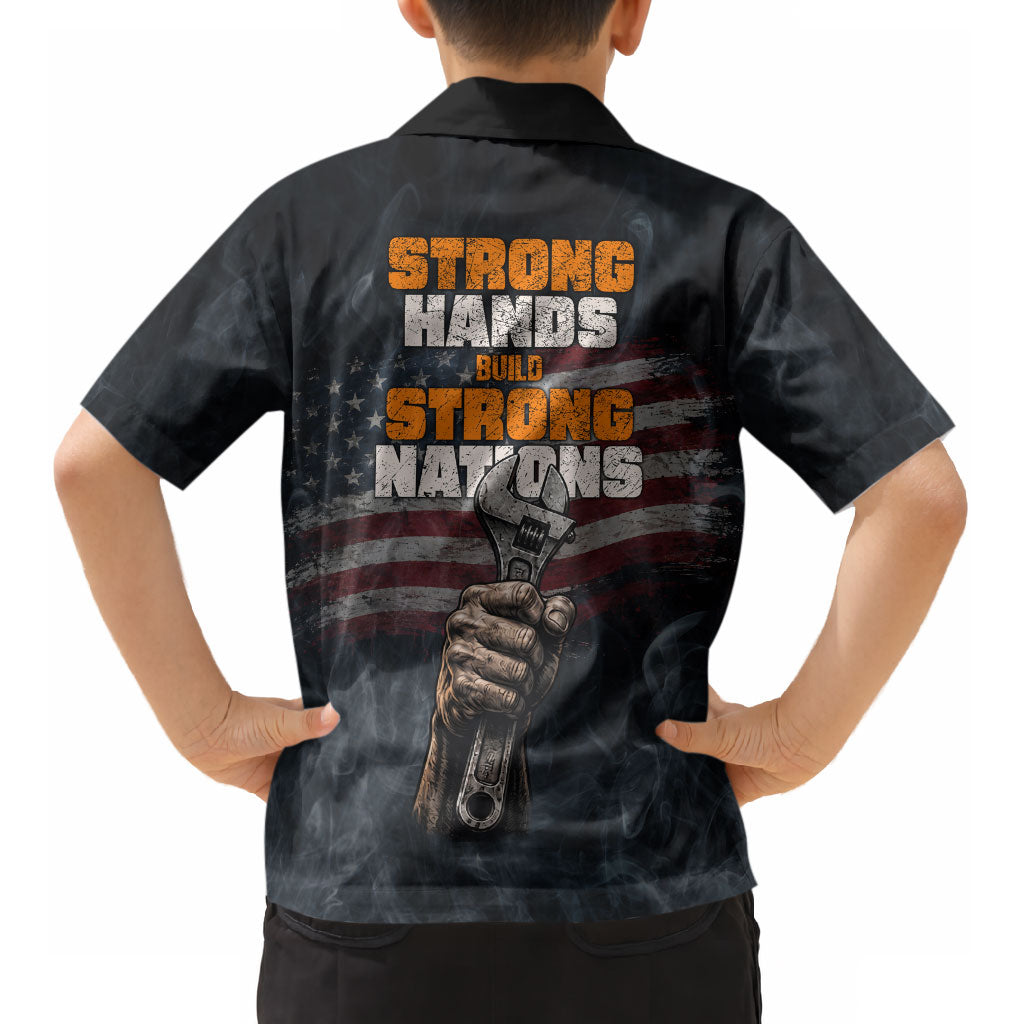 Labor Day Kid Hawaiian Shirt Strong Hands Build Nations Patriotic Grunge Tools