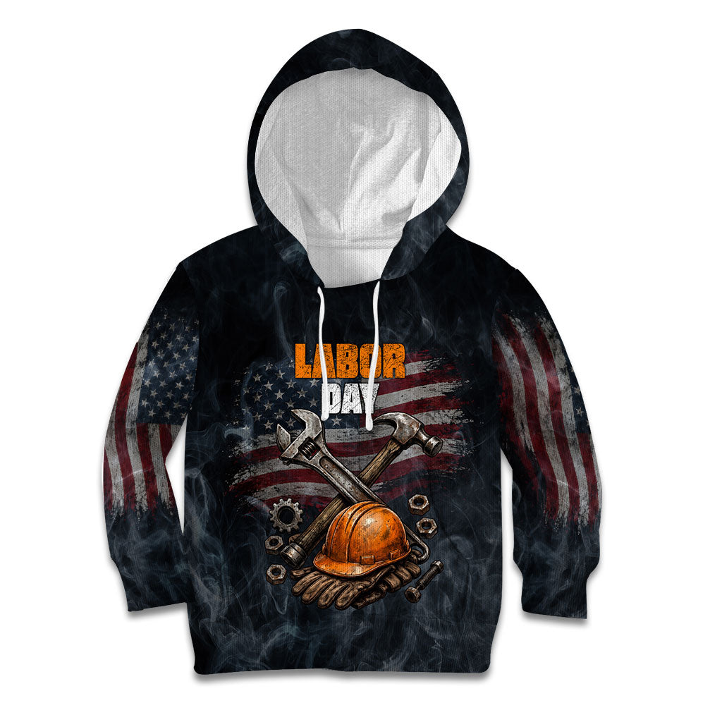 Labor Day Kid Hoodie Strong Hands Build Nations Patriotic Grunge Tools