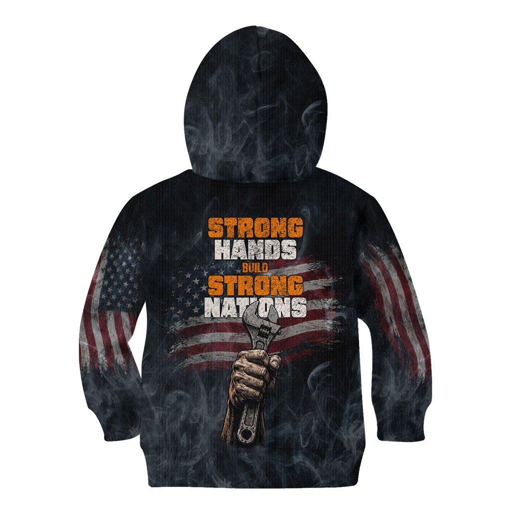 Labor Day Kid Hoodie Strong Hands Build Nations Patriotic Grunge Tools