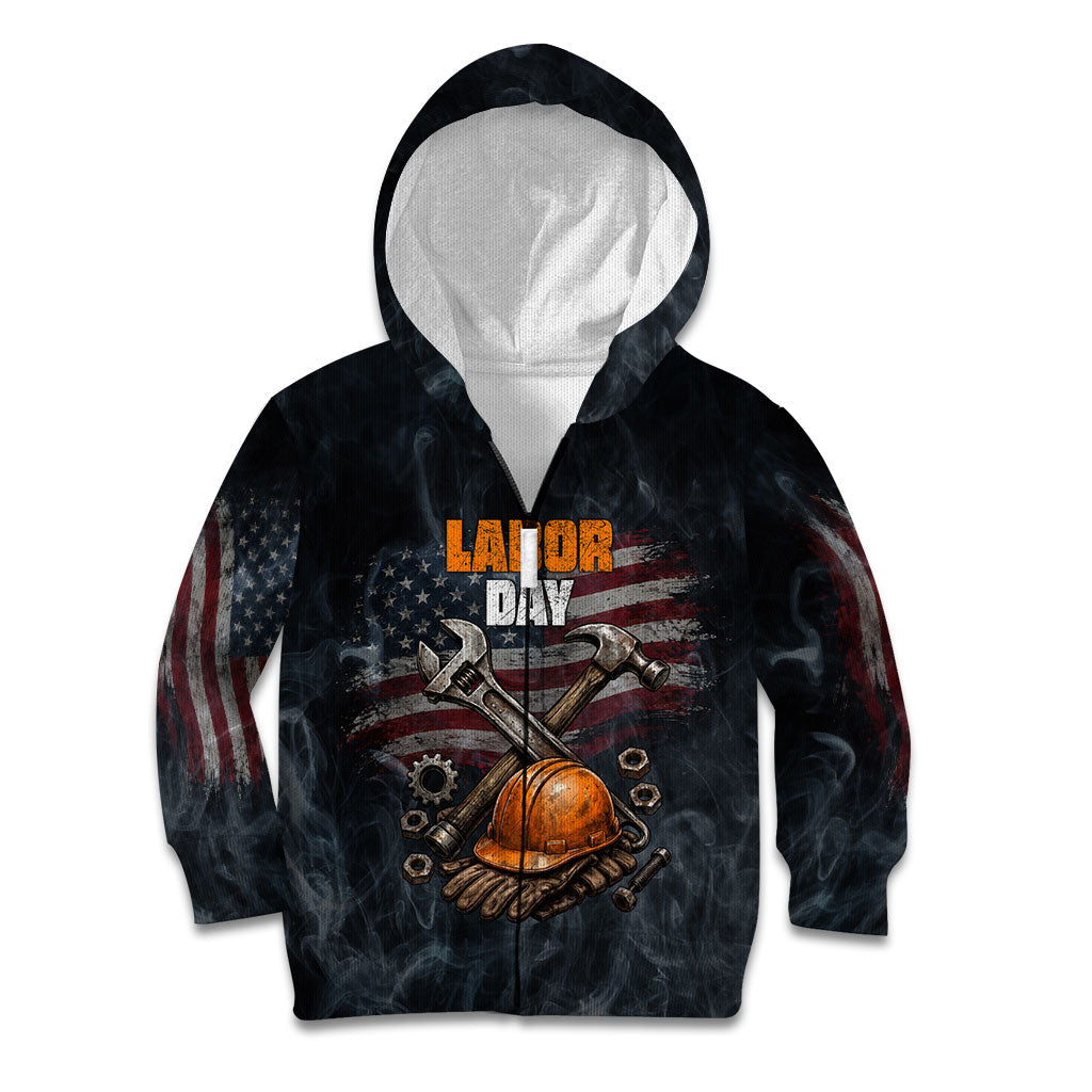 Labor Day Kid Hoodie Strong Hands Build Nations Patriotic Grunge Tools