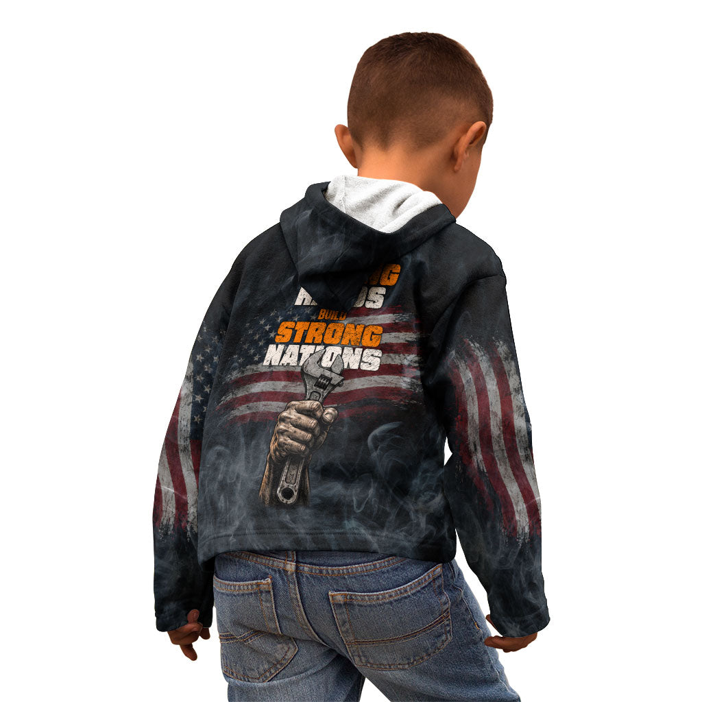 Labor Day Kid Hoodie Strong Hands Build Nations Patriotic Grunge Tools