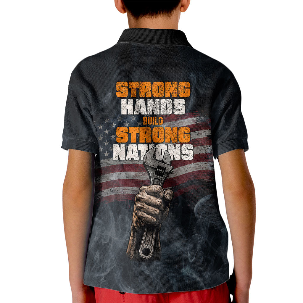 Labor Day Kid Polo Shirt Strong Hands Build Nations Patriotic Grunge Tools