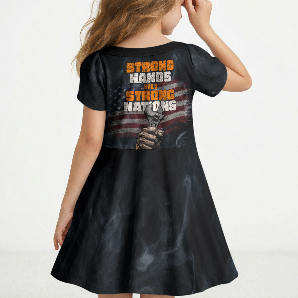 Labor Day Kid Short Sleeve Dress Strong Hands Build Nations Patriotic Grunge Tools