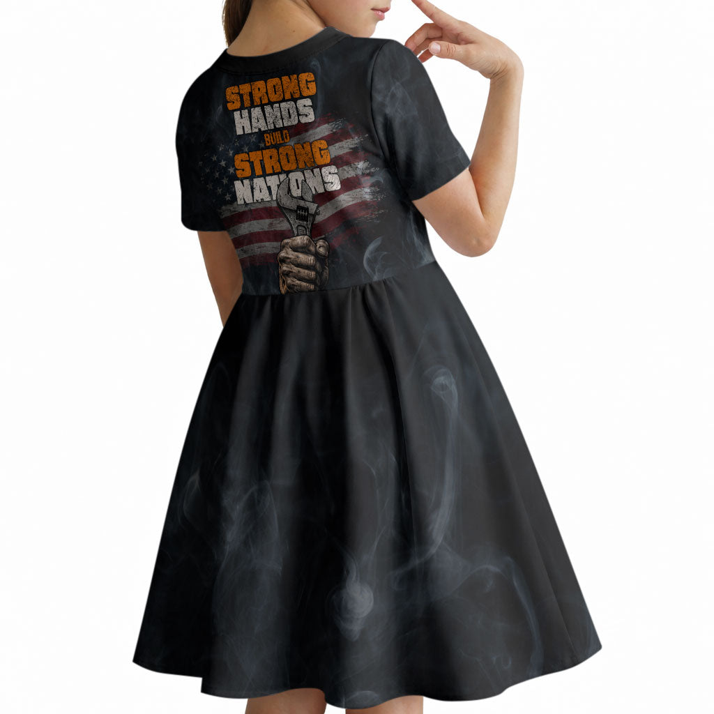 Labor Day Kid Short Sleeve Dress Strong Hands Build Nations Patriotic Grunge Tools