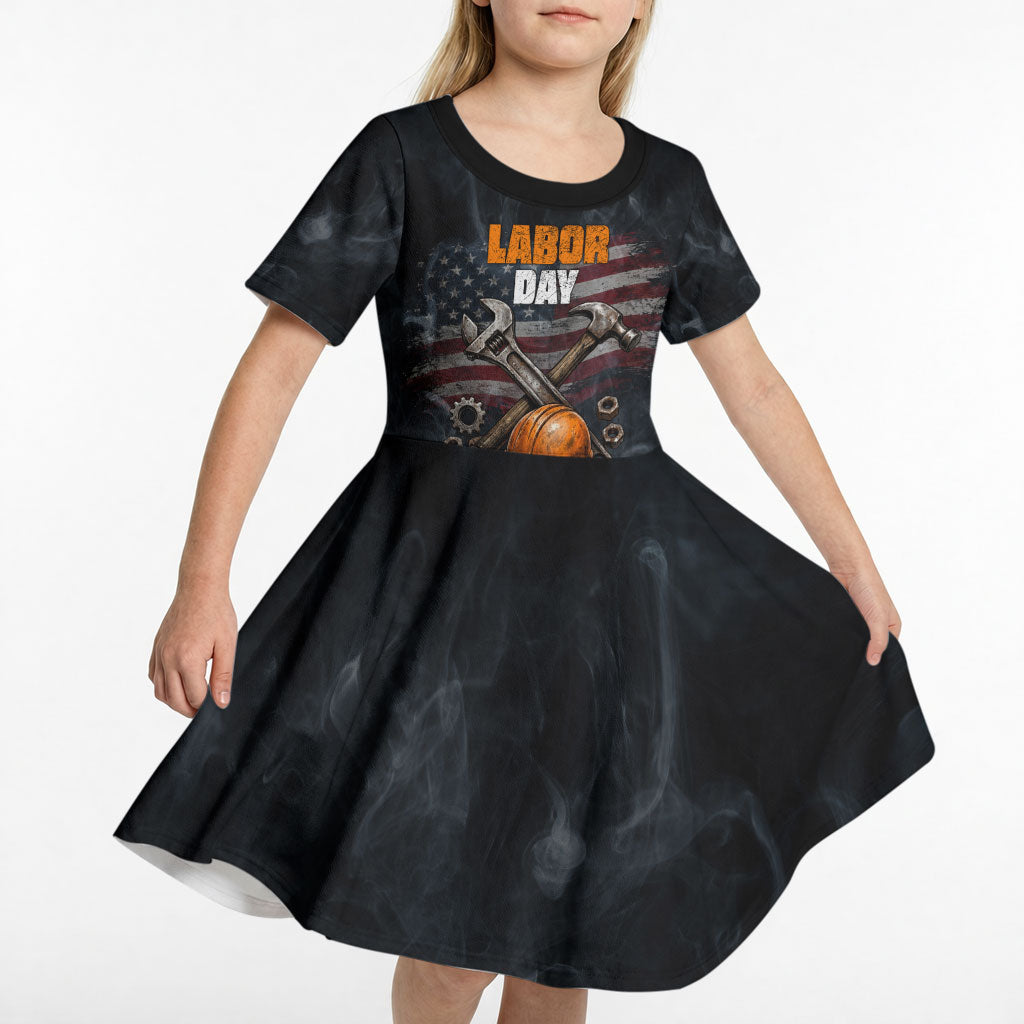 Labor Day Kid Short Sleeve Dress Strong Hands Build Nations Patriotic Grunge Tools