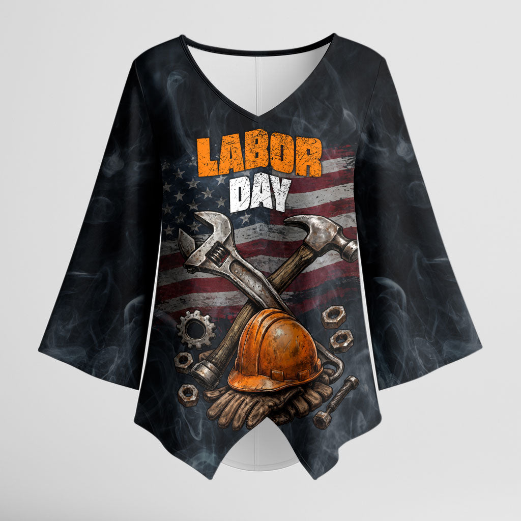 Labor Day Kimono Sleeve Blouse Strong Hands Build Nations Patriotic Grunge Tools