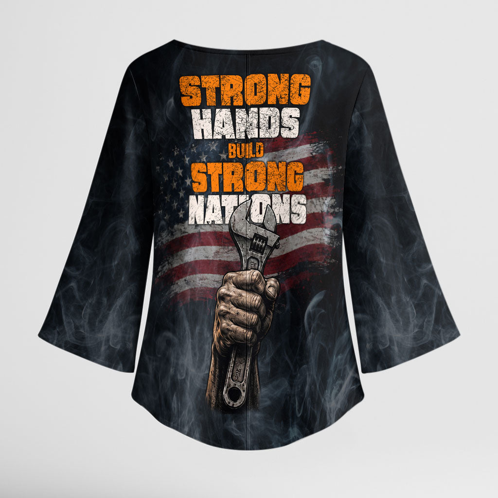 Labor Day Kimono Sleeve Blouse Strong Hands Build Nations Patriotic Grunge Tools