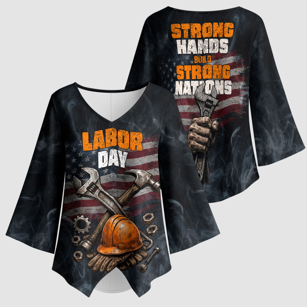Labor Day Kimono Sleeve Blouse Strong Hands Build Nations Patriotic Grunge Tools