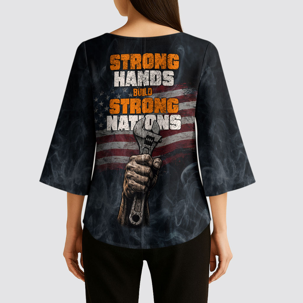 Labor Day Kimono Sleeve Blouse Strong Hands Build Nations Patriotic Grunge Tools