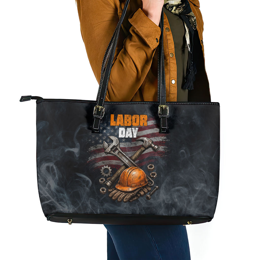 Labor Day Leather Tote Bag Strong Hands Build Nations Patriotic Grunge Tools