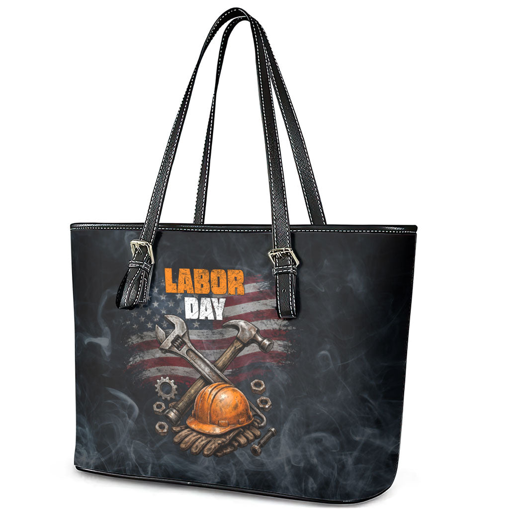 Labor Day Leather Tote Bag Strong Hands Build Nations Patriotic Grunge Tools