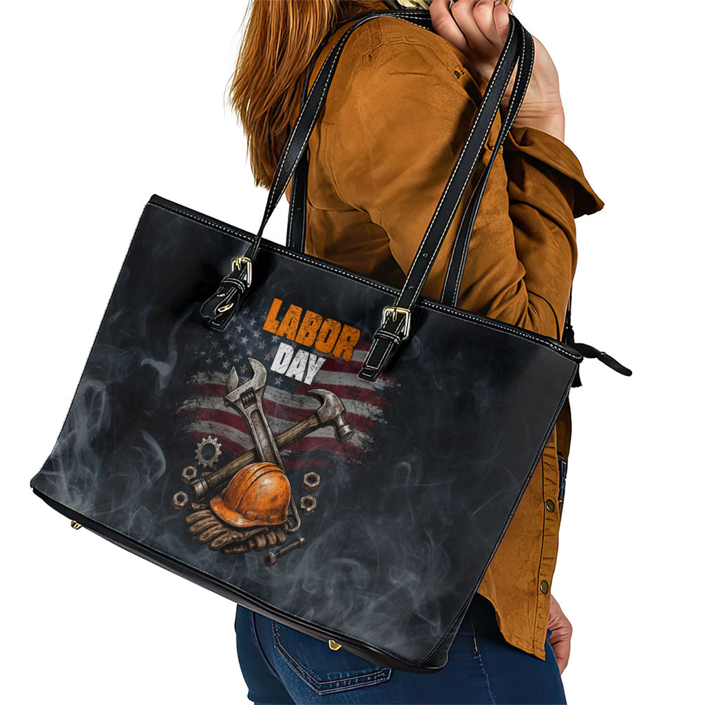 Labor Day Leather Tote Bag Strong Hands Build Nations Patriotic Grunge Tools