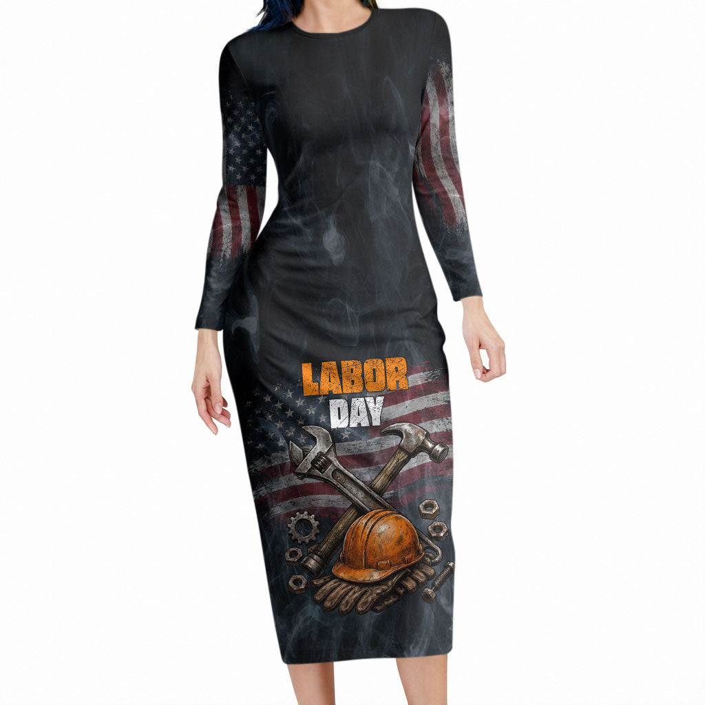 Labor Day Long Sleeve Bodycon Dress Strong Hands Build Nations Patriotic Grunge Tools