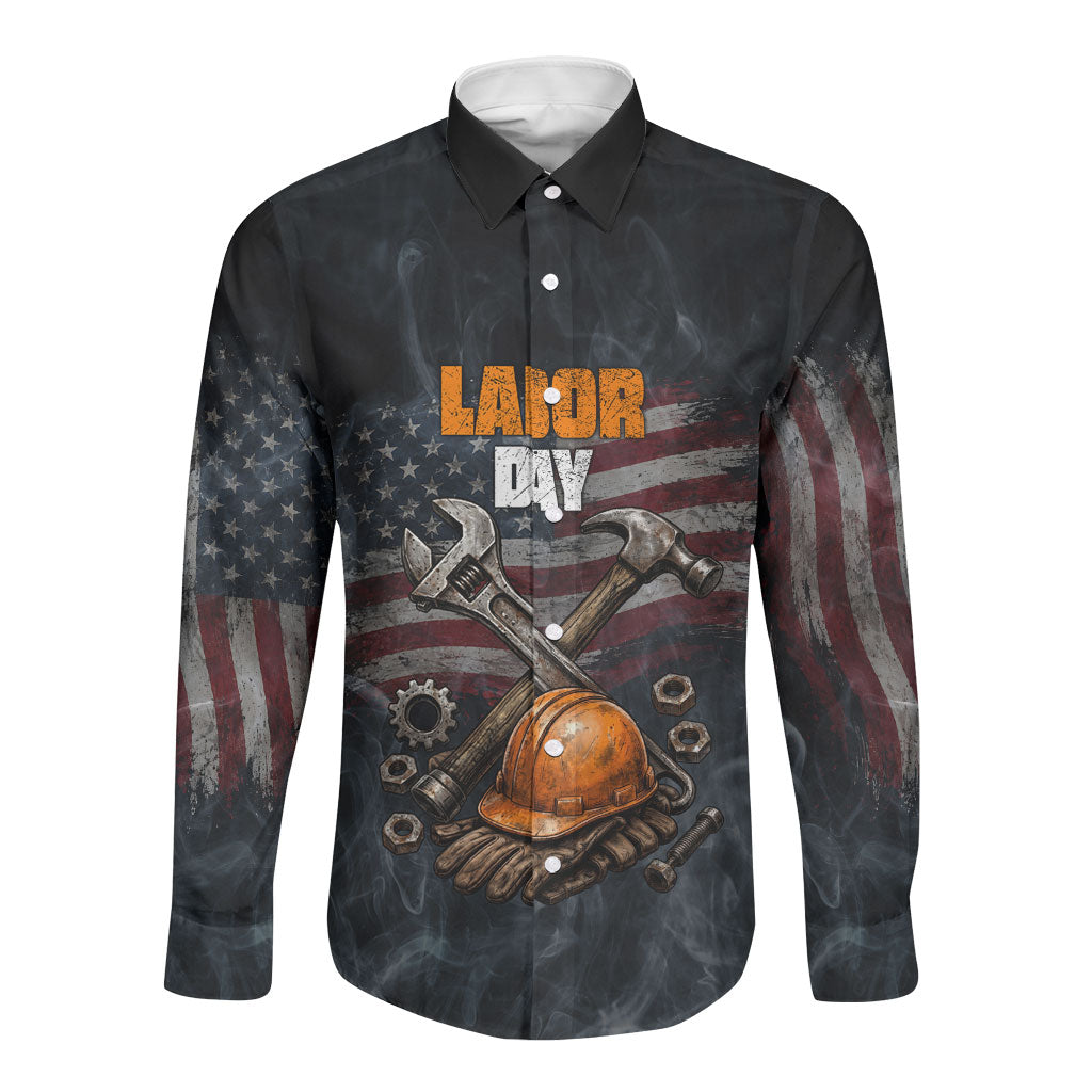 Labor Day Long Sleeve Button Shirt Strong Hands Build Nations Patriotic Grunge Tools