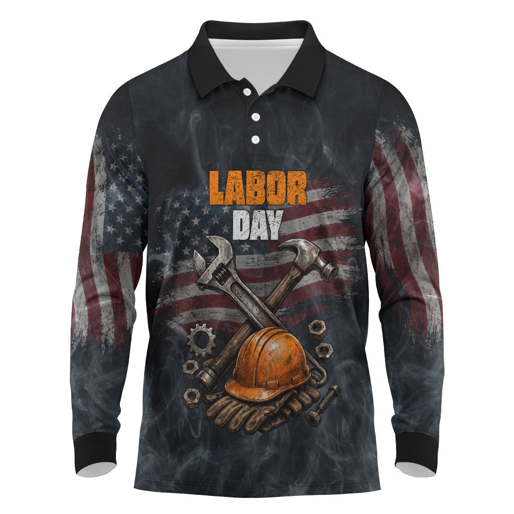 Labor Day Long Sleeve Polo Shirt Strong Hands Build Nations Patriotic Grunge Tools