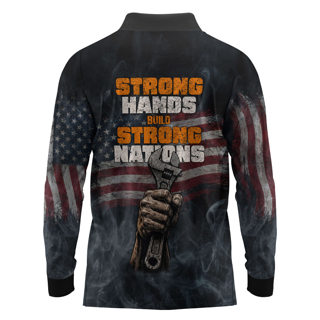 Labor Day Long Sleeve Polo Shirt Strong Hands Build Nations Patriotic Grunge Tools