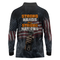Labor Day Long Sleeve Polo Shirt Strong Hands Build Nations Patriotic Grunge Tools
