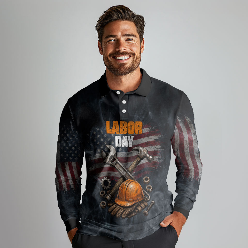Labor Day Long Sleeve Polo Shirt Strong Hands Build Nations Patriotic Grunge Tools