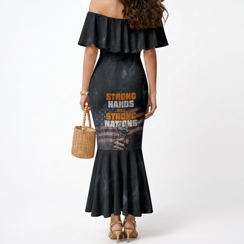 Labor Day Mermaid Dress Strong Hands Build Nations Patriotic Grunge Tools