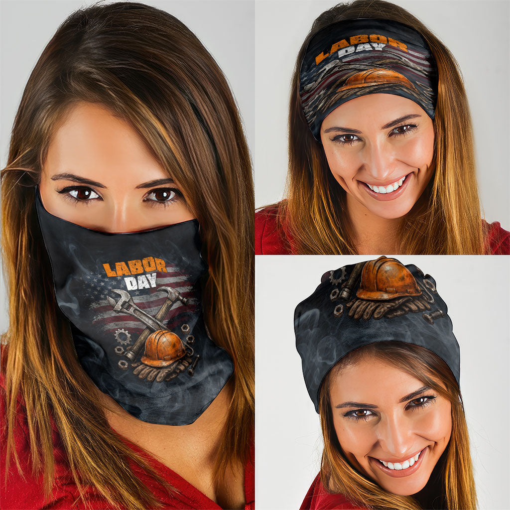 Labor Day Neck Gaiter Strong Hands Build Nations Patriotic Grunge Tools