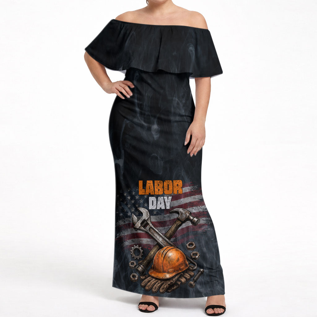 Labor Day Off Shoulder Maxi Dress Strong Hands Build Nations Patriotic Grunge Tools