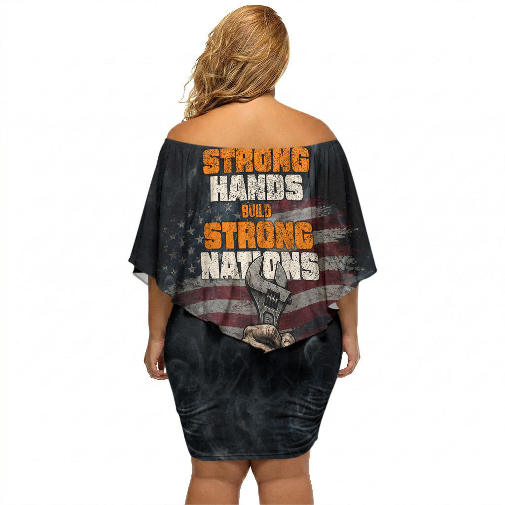 Labor Day Off Shoulder Short Dress Strong Hands Build Nations Patriotic Grunge Tools