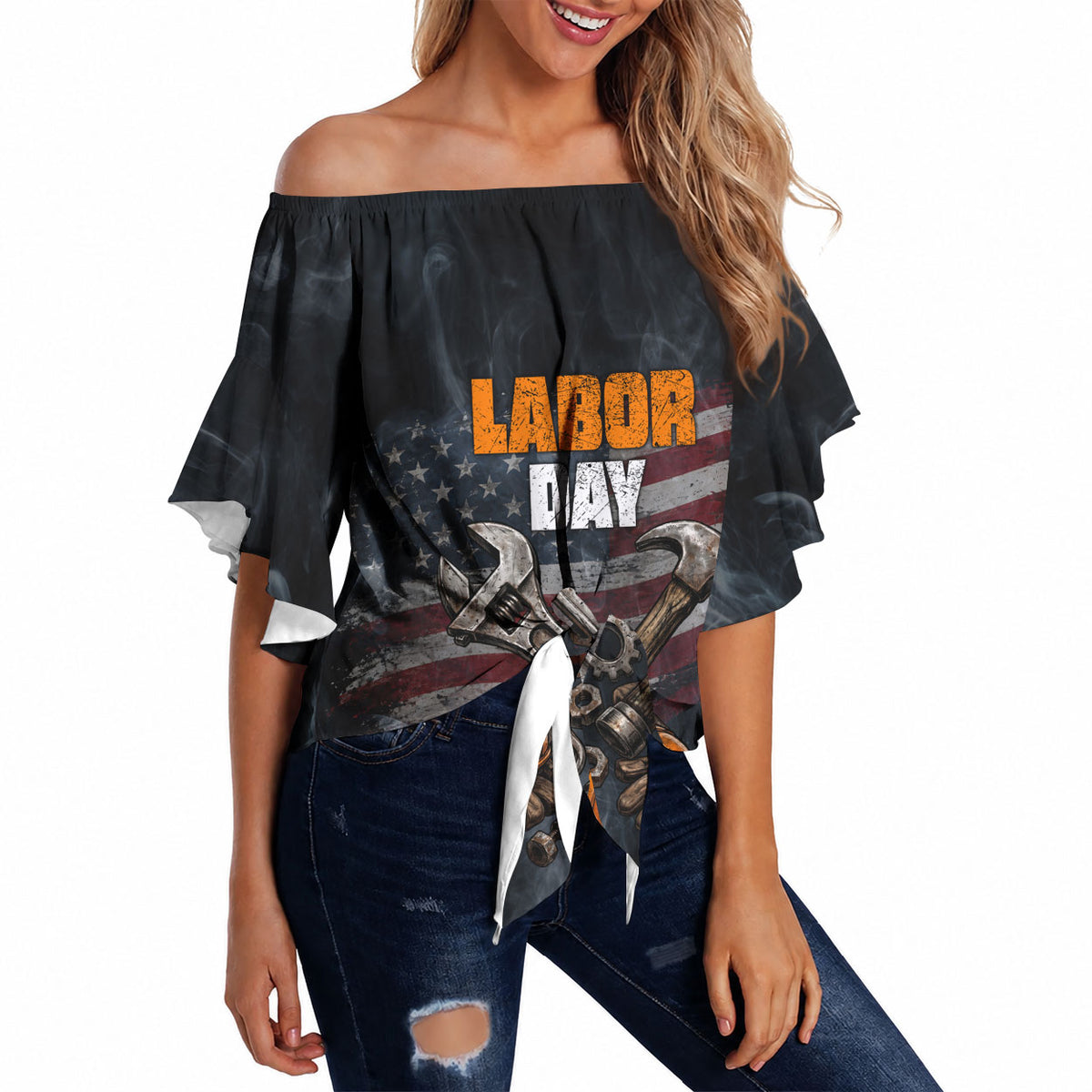 Labor Day Off Shoulder Wrap Waist Top Strong Hands Build Nations Patriotic Grunge Tools