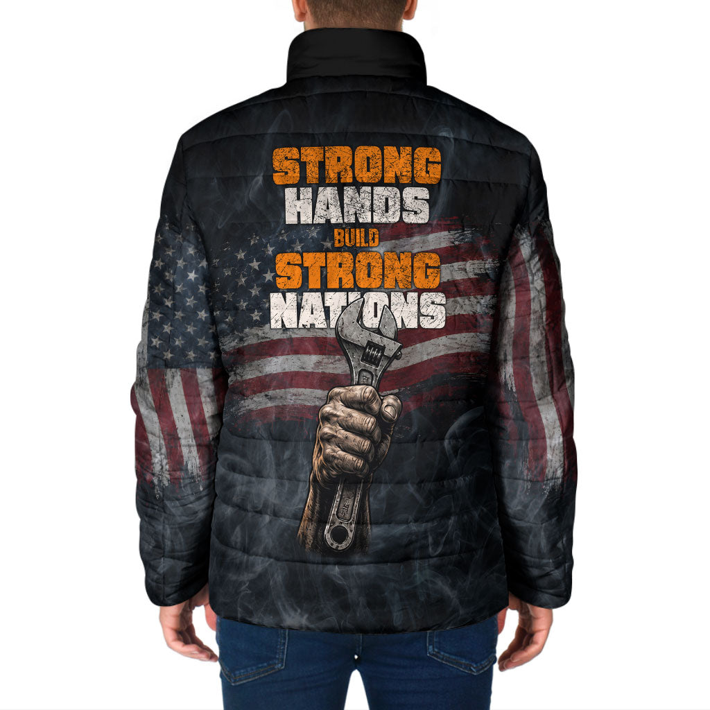 Labor Day Padded Jacket Strong Hands Build Nations Patriotic Grunge Tools