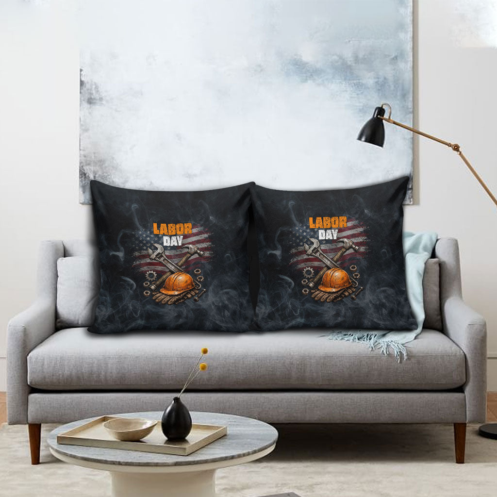 Labor Day Pillow Cover Strong Hands Build Nations Patriotic Grunge Tools