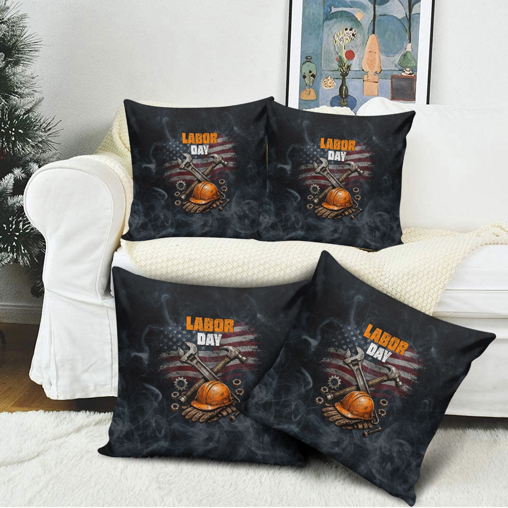 Labor Day Pillow Cover Strong Hands Build Nations Patriotic Grunge Tools