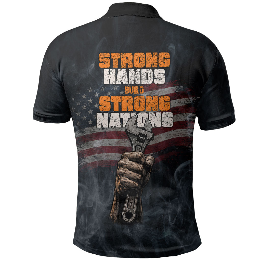 Labor Day Polo Shirt Strong Hands Build Nations Patriotic Grunge Tools